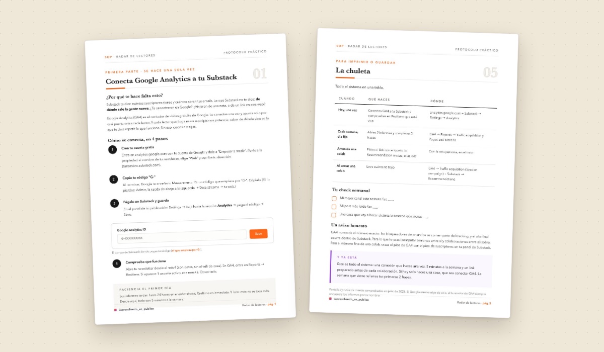 Two pages from the PDF: the step-by-step for connecting Google Analytics, and the final cheat sheet